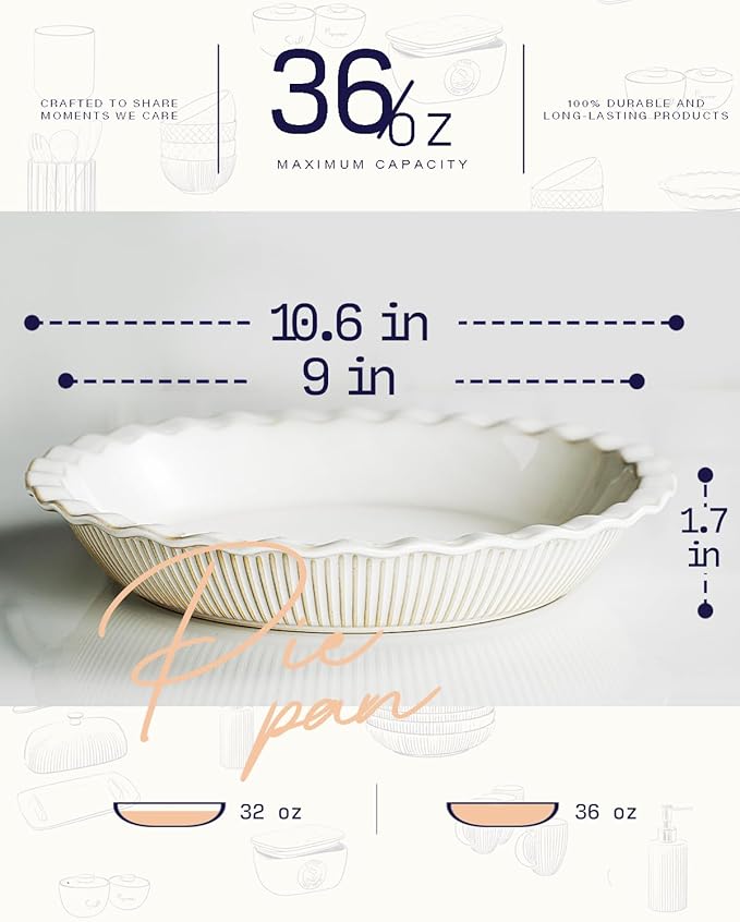 getstar Ceramic Pie Pan, 9 inch Pie Dish for Baking, Non-Stick, Oven & Dishwasher Safe, Farmhouse Decor Quiche Baking Dish, Pie Plate, Deep Dish Pie Pan (Embossed Stripes)