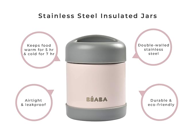 Beaba Stainless Steel Insulated Food Jar 10 oz, Kids Thermos, Lunch Containers, Leakproof, Wide Opening, Suitable for Hot and Cold Foods (Eucalyptus)