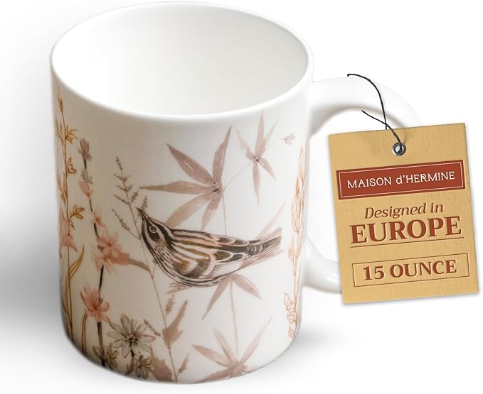 Maison d' Hermine Coffee Mug with Handles Fine Bone China Mugs Pack of One Tea Cups for Hot Beverages Cappuccino Latte Home Office Perfect for Gift (Meadow Florals - Beige Meadow Mornings, 15 Ounce)