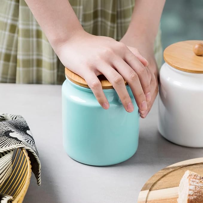 Sweejar Ceramic Kitchen Canisters, 28 FLOZ Porcelain Food Storage Jar with Airtight Seal Wooden Lid, Home Container Serving for Coffee Beans, Tea-leave, Sugar, Salt, Tool Bucket (Turquoise)