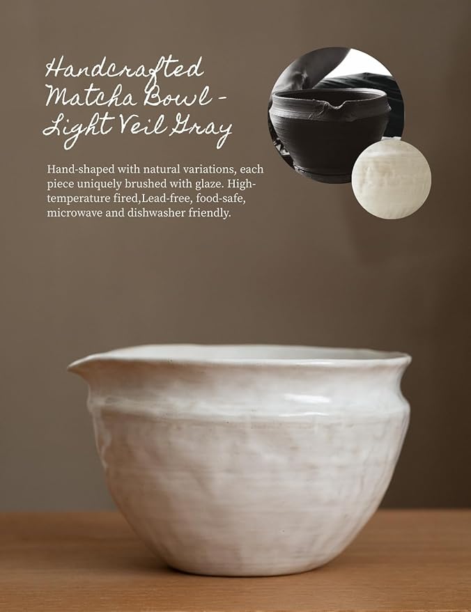 6-pcs Japanese Matcha Whisk Set with Handmade Wabi-Sabi Ceramic Bowl(Chawan),Bamboo Chasen, Whisk Holder, Scoop, Sifter & Tea Towel,Matcha Ceremony Kit,(Light Veil Gray)