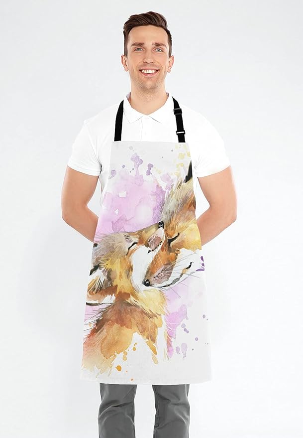 Watercolor Fox and Baby Fox Kitchen Cooking BBQ Chef Apron,Funny Apron for Men, Women - Dad Presents, Presents for Men - Birthday, Mothers Day Presents for Mom, Wife, Husband, Brother, Friends