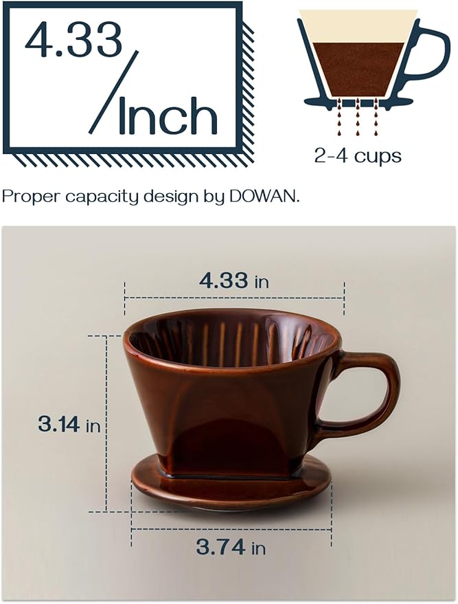 DOWAN Pour Over Coffee Dripper, Non Electric Pour Over Coffee Maker, Porcelain Slow Brewing Accessories for Home, Cafe, Restaurants, Easy Manual Brew Maker, Brown