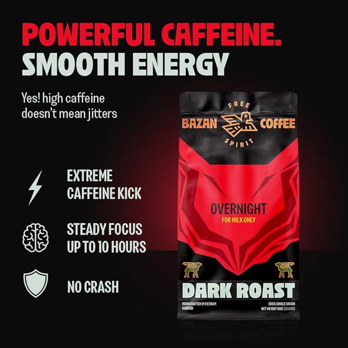 BAZAN COFFEE Vietnamese Strong Coffee, Premium Robusta & Arabica Ground, Full-Bodied Dark Roast, Smooth & Low Acidity, Ideal for Milk Drinks & Home Baristas, Bold Espresso Flavor, 12oz Bag, Overnight Blend