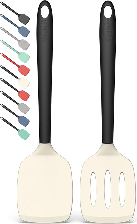 Coukre 2 Pack Silicone Spatula Set, High Heat Resistant, BPA Free Kitchen Spatula, Solid & Slotted Turner for Non-Stick Pans, Sautéing, and Flipping (2, Beige)