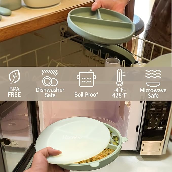 Moonkie Suction Plates for Baby | 100% Silicone BPA-Free Baby Plates| Divided Design | Microwave and Dishwasher Safe | Toddler Plates 3 Pack