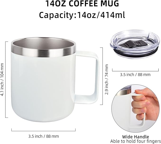 Volhoply 14oz sublimation Insulated Stainless Steel Coffee Mug with Lid Bulk 2 Pack,Double Wall Vacuum Travel Coffee Cup with Handle,Reusable Metal Cups Tumbler,Camping Mugs Keep Hot(Sublimation,2)