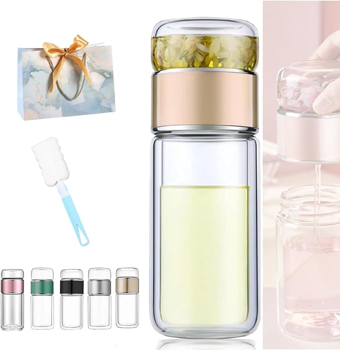 Tryteava Glass Infuser, Tryteava 3-in-1 Smart Tea Infuser, Portable Glass Double Wall Tea Infusers Bottle, with Stainless Steel Filter, Hot & Cold Brew, For Loose Leaf, Office Home (Gold, 350ml)
