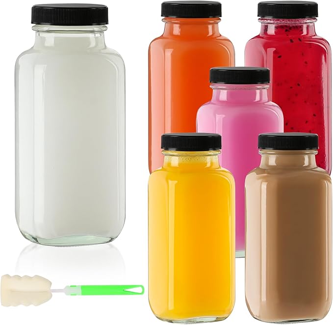 SZUAH 8 oz Glass Juice Bottles with Lids 6 Pack,Reusable Water Bottle,Juicing Bottles for Smoothies, Milk, Storage, Small and portable(240ml，Set of 6)