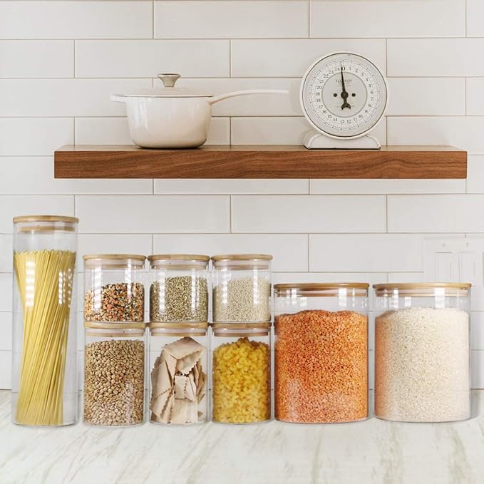 Glass Jars with Bamboo Lids, Glass Food Jars and Canisters Sets, Flour Jar, Large Food Canister with airtight lids, Flour Storage Container, Pantry Jars, 100oz