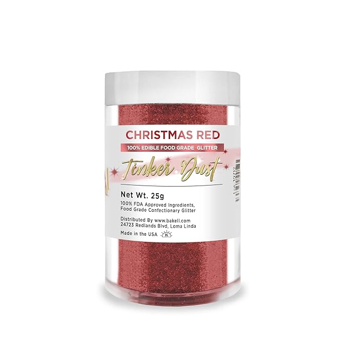 BAKELL Christmas Red Edible Glitter, 25 Grams | TINKER DUST Edible Glitter | KOSHER Certified | 100% Edible Glitter | Cakes, Cupcakes, Cake Pops, Drinks, Dessert Vegan Glitter & Dusts (25g, Christmas Red)