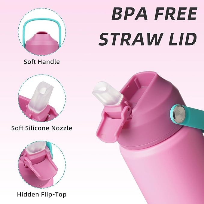 BJPKPK Insulated Water Bottle with Straw Lid, 12oz Thermos Water Bottles, Flex Handle & Non-slip Boot, BPA Free Leak Proof Stainless Steel Metal Thermos, Tumblers, Cups,Rose Pink