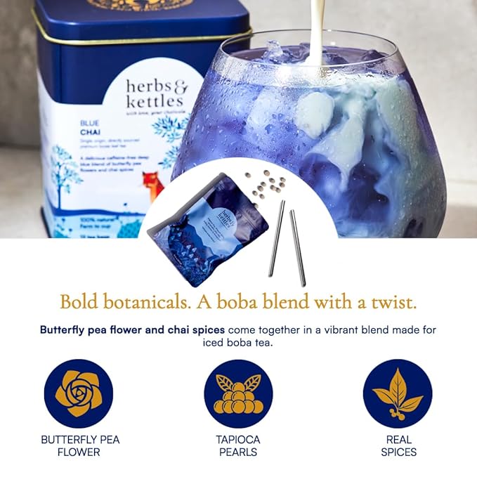 Herbs & Kettles Blue Chai Boba Kit | Butterfly Pea Flower Chai with Ginger, Cardamom, Cloves & Cinnamon + Chewy Tapioca Pearls | Complete DIY Caffeine-Free Bubble Tea Kit with Reusable Straws |