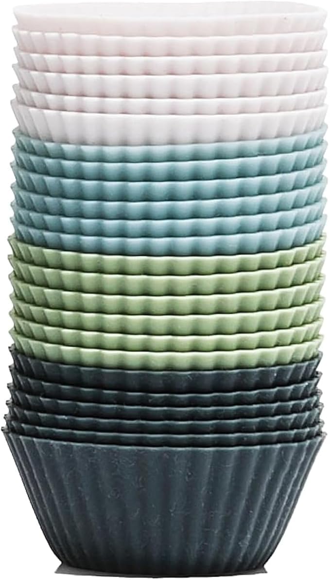 The Silicone Kitchen Reusable Mini Silicone Baking Cup, Non-Toxic, BPA Free, Dishwasher Safe, Mini, 24 Pack, White Blue Green