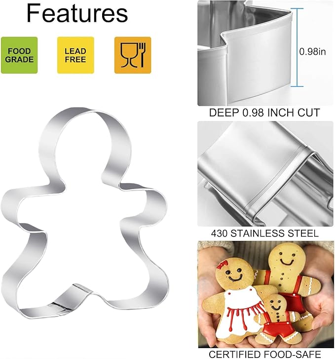 3-Piece Gingerbread Man Cookie Cutter Set, 5.12" x 4.34" x 3.42" - Stainless Steel Holiday Cookie Cutter Shapes for Baking Gifts