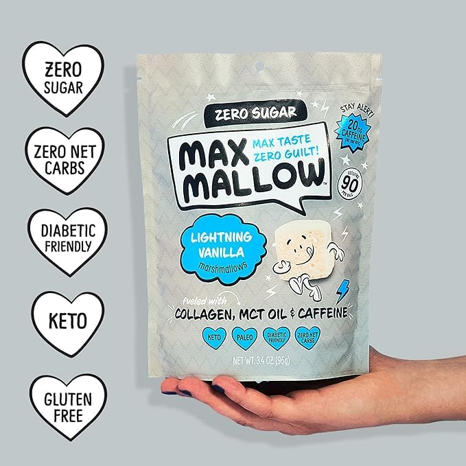 Max Mallow Sugar Free Marshmallows - Keto Friendly, Perfect for S'mores, Hot Chocolate, and Baking with Zero Sugar Snacks, Smores Mct Oil Zero Sugar Marshmellow Marshmallow Lightning Vanilla, 2 Pack