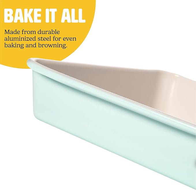 Tasty Clean Ceramic Square Cake Pans Set, 2-Pack of 9-Inch Cake Pans, Durable Aluminized Steel for Professional Results, Clean Ceramic Nonstick Coating, Oven Safe to 425°F, Dishwasher Safe, Aqua