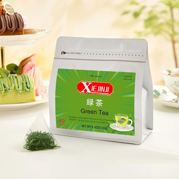 XIEJINJI Green Tea, 3.2g*40 Tea Bags, Whole Leaf Tea, No Sugar - No Additives, see-through compostable teabags