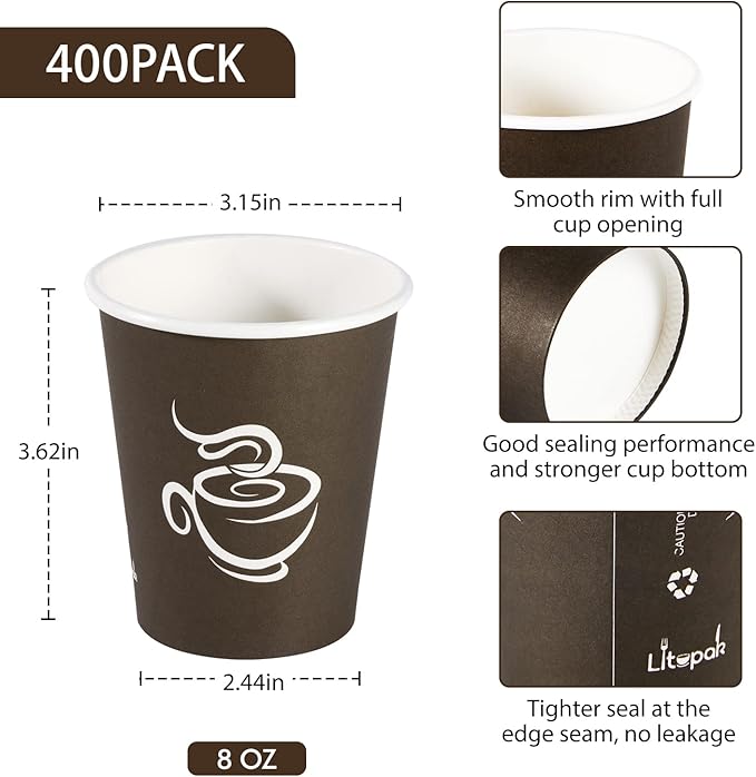 LITOPAK 400 Pack 8 oz Paper Cups, Brown Disposable Hot Coffee Cups for Party, Picnic, Travel, and Events