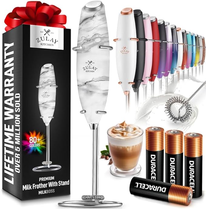 Zulay Kitchen Powerful Milk Frother Wand With 4 AA Duracell Batteries - Ultra Fast Handheld Drink Mixer - Electric Whisk Foam Maker for Coffee, Lattes, Cappuccino, Matcha & Creamer -