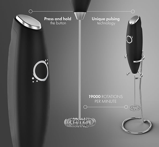 Handheld Milk Frother for Coffee - Stainless Steel Electric Drink Mixer & Matcha Whisk - Ergonomic Hand Frother With Stand & Recipes (Black)