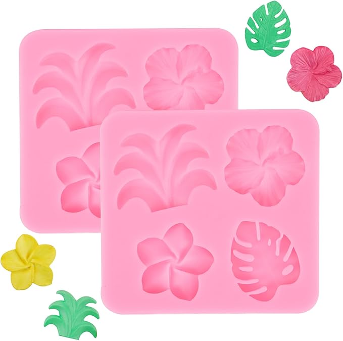 2 Pcs Tropical Flowers and Leaves Silicone Mold Set Plumeria,Hibiscus,Monstera Leaf for Diy Chocolate,Candy,Gummy Molds,Fondant,Cupcake Topper,Hawaiian Party Decoration(Pink)
