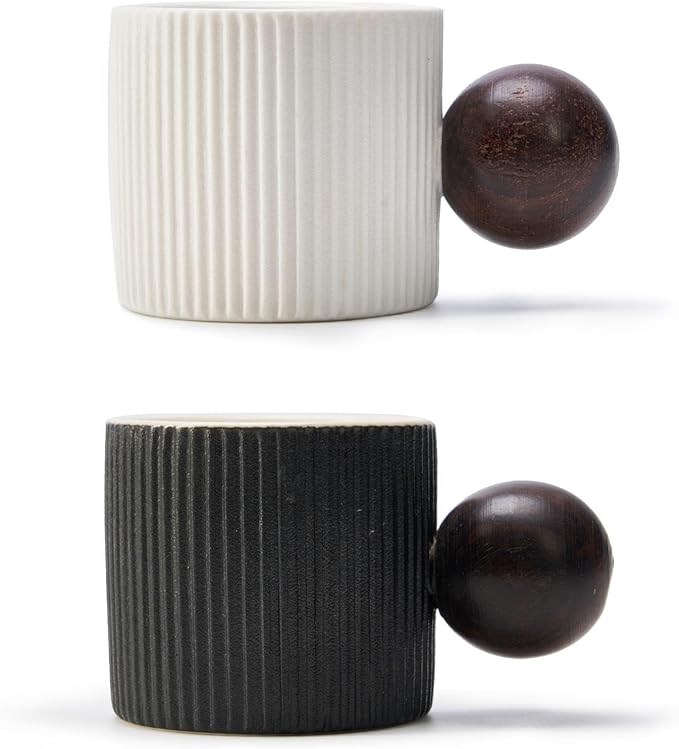 Ceramic Mini Espresso Cups Demitasse Cups with Round Wooden Handle Vertical Stripes Tea Cups (Black/White, 2pcs)