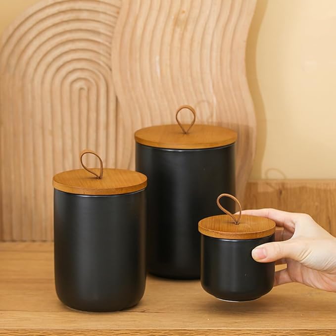 Ceramic Storage Jars, Modern Elegant Highly Polished Airtight Gorgeous Storage Canisters with Wooden Lid Small Food Stroage Jar for Kitchen Spice Tea Vanilla Sugar Coffee Beans (Black-3Pcs)