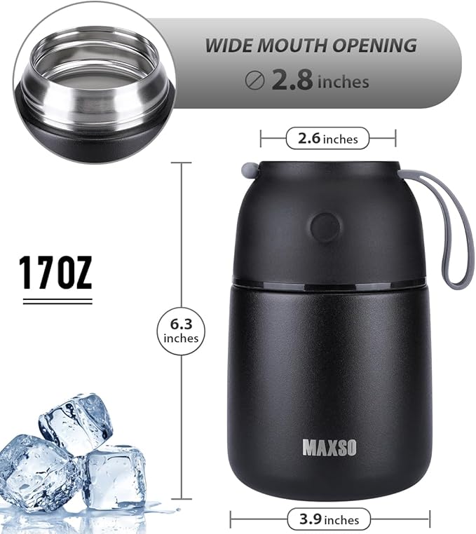 Insulated Thermo Food Jar for Hot & Cold Food for Kids Adult, 17 oz Soup Thermal Hot Food Containers for Lunch, Triple Layer Insulation Stainless Steel Food Jar with Spoon (Black)
