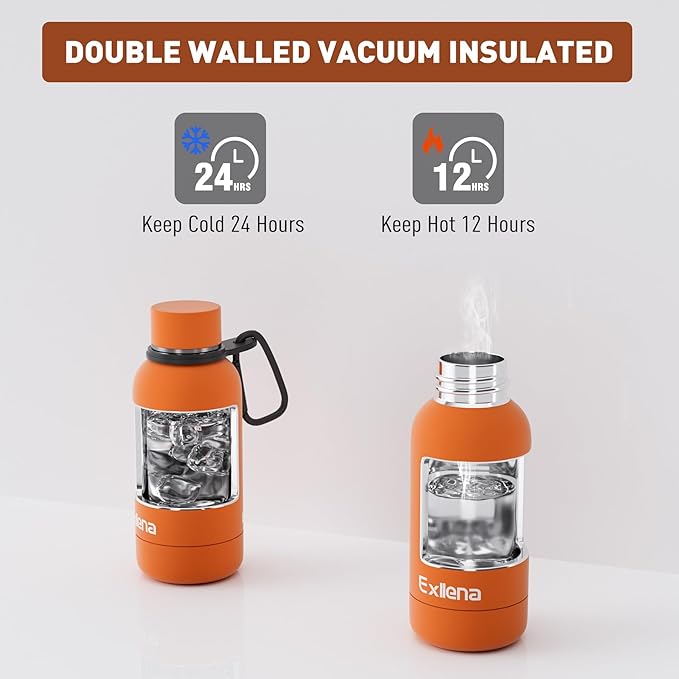 Small Water Bottle 12oz with Clip, Double Wall Stainless Steel Vacuum Small Insulated Water Bottle Keeps Drinks Cold 24 Hrs/Hot 12 Hrs for Kids Handbag School BPA Free (Bright Orange)