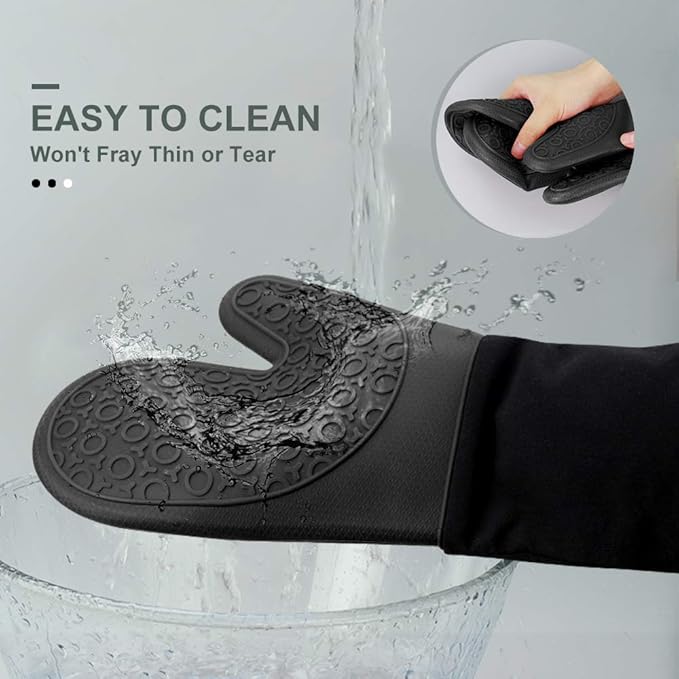 sungwoo Silicone Oven Mitts, Heat Resistant Oven Gloves with Quilted Liner Non-Slip Textured Grip Perfect for BBQ, Baking, Cooking and Grilling - 1 Pair 13.8 Inch Black