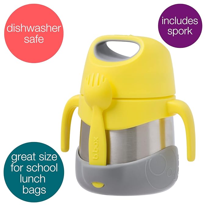 b.box Insulated Food Jar with Spork for Toddlers | Easy Open Container for Toddlers | Stainless Steel, 5hrs + of Perfect temperatures | Dishwasher Safe, BPA Free (Lemon Sherbet, 11 oz)