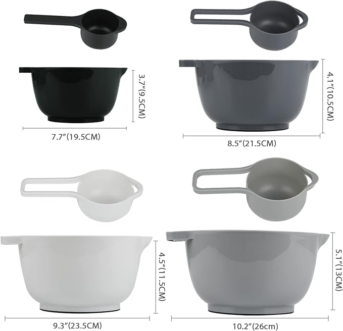 BoxedHome 8 Pack Classic Nesting Mixing Bowl Set with 4 Measuring Cups, Plastic Mixing Bowls with Pour Spouts and Handles(Gray)