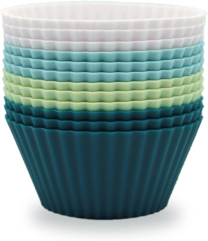 Silicone Baking Muffin Cups 12 Pack, Reusable Cupcake Liners Cake Molds, BPA Free, Dishwasher Safe(White, Green, Navy, Dusty Blue)