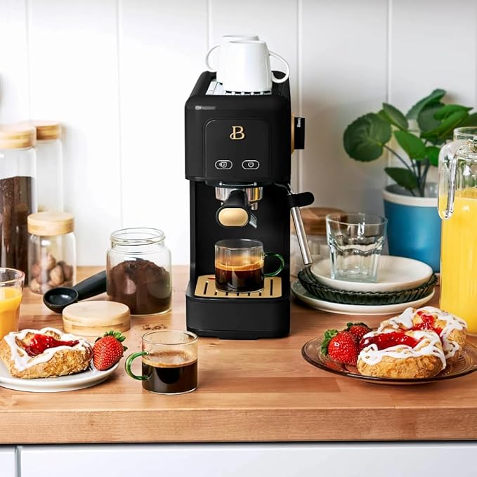 Beautiful Slim Espresso Maker by Drew Barrymore – 20‑Bar Pressure, Dual‑Spout 52 mm Portafilter, 50 oz Removable Tank, 2‑in‑1 Steam Wand & Touch Controls (Black Sesame)