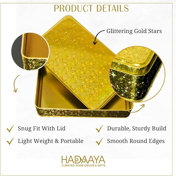 Pack of 2 Glittering Gold Rectangular Container With Lid, Multipurpose Tin Box, Festive Tin Box for Gift Giving, Cookies, Stationery & More - 7.25 x 5.25 x 2.25 Inches