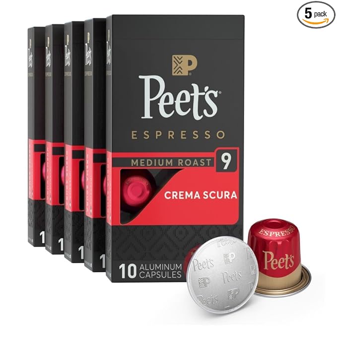 Peet's Coffee, Medium Roast Espresso Capsules, Compatible with Nespresso Original Machine - Crema Scura Intensity 9, 50 Count (5 Boxes of 10 Espresso Capsules)