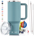 40 oz Tumbler With Handle and Straw Made of Stainless Steel - Double Wall Vacuum Insulated Tumbler With Lid - Sweat Proof Easy Grip, BPA-Free, Dishwasher Safe Tumbler (Aqua Sky)
