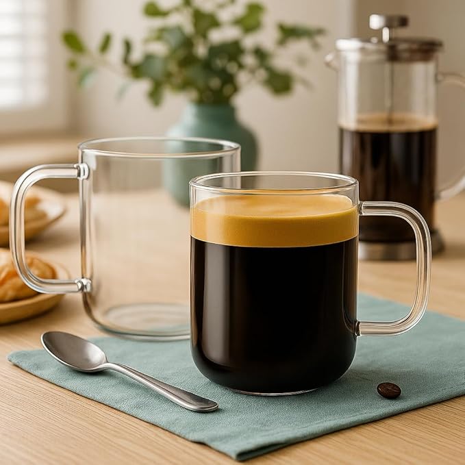 Aquach Glass Mugs 16 oz Set of 2, Large Clear Glass Cup with Handle for Hot/Cold Coffee Tea Beverage, Drinking Glasses