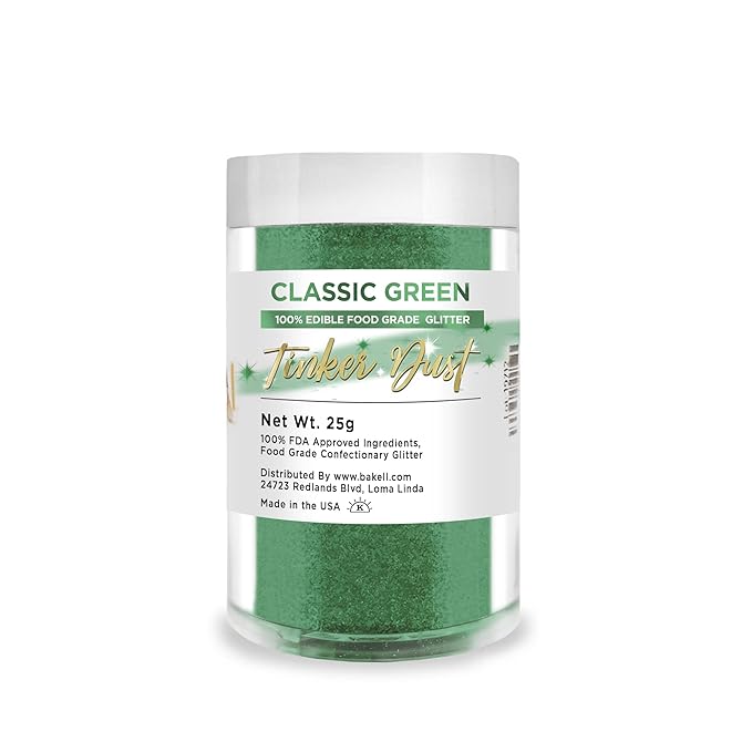 BAKELL Classic Green Edible Glitter, 25 Grams | TINKER DUST Edible Glitter | KOSHER Certified | 100% Edible Glitter | Cakes, Cupcakes, Cake Pops, Drinks, Dessert Vegan Glitter & Dusts (25g, Classic Green)