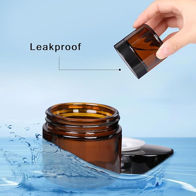 3 Pack Amber Small Glass Cosmetic Jars with Lids, 60 ml Empty Glass Makeup Containers for Sample, Cream, Lotion, Powder (2 OZ)