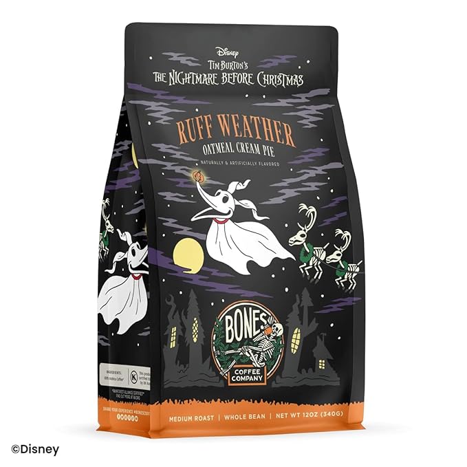 Bones Coffee Company The Nightmare Before Christmas Ruff Weather Flavored Coffee Beans, Medium Roast Ground Coffee Low Acid, Oatmeal Creampie Flavor (12 oz)