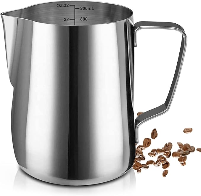SIKEMAY Milk Frothing Pitcher Cup, 32oz/900ML Milk Frother Cup Stainless Steel Steaming Pitcher Milk Jug Coffee Latte Art Cappuccino Espresso Machine Accessories for Barista Steam Pitchers Tools