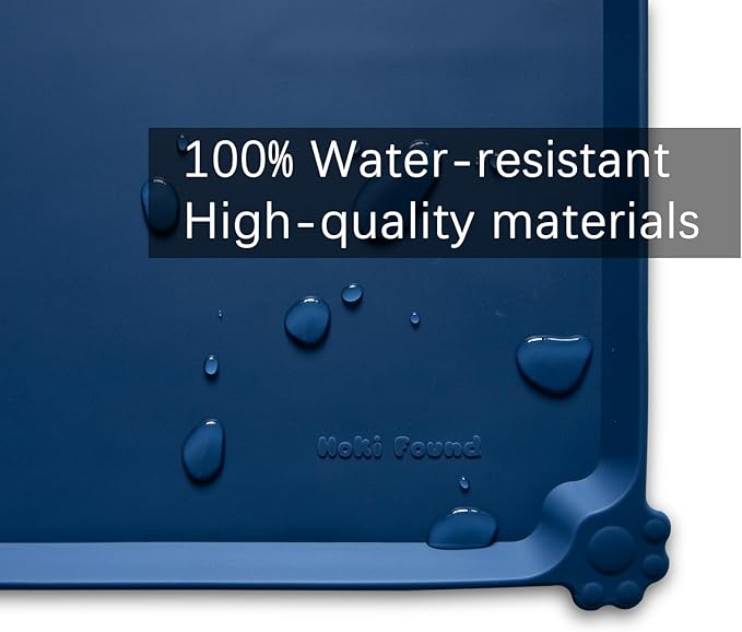 Hoki Found L Silicone Pet Food Mats with High Lips - Non Slip Cat Dog Bowl Placemats - Waterproof Cat Dog Feeding Mat - Indigo Ink