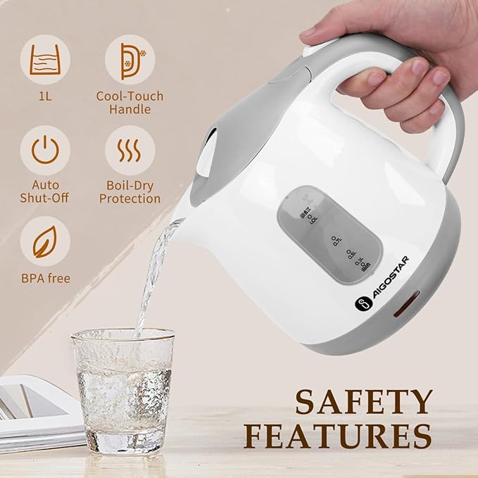 Aigostar Small Electric Kettle, 1L Portable Electric Tea Kettle 1100W with Automatic Shut-Off and Boil Dry Protection, Travel Hot Water Boiler Cordless for Making Coffee and Tea, BPA-Free, Grey