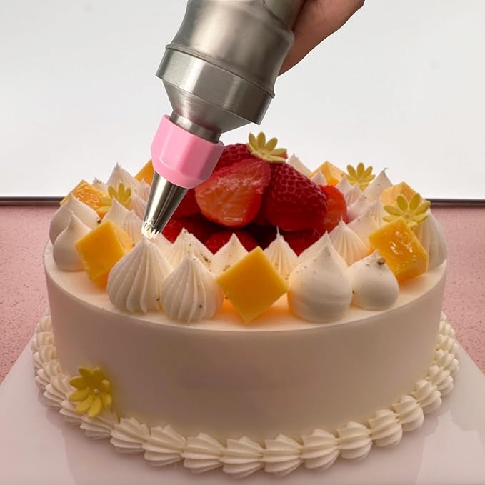 Dessert Decorating Piping Syringe Set Cake Decorating Tool Cookie Gun Press,Icing Decoration Gun,Frosting Piping Kit 6 Piping Icing Nozzles for Baking,Decorating Cupcake,Deviled Eggs (Silver & Pink)