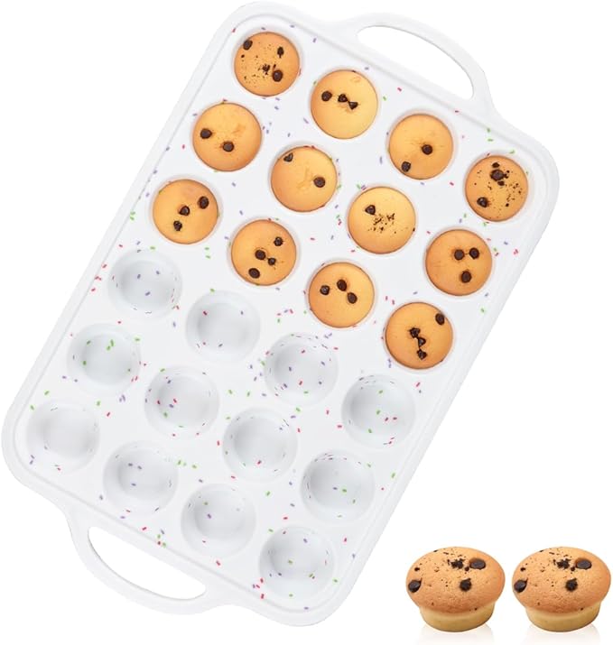CAKETIME Mini Muffin Pan,Metal Reinforced Frame Silicone Cupcake Pan，Easy To Handle Nonstick 24 Cups Small Muffin Pan, White