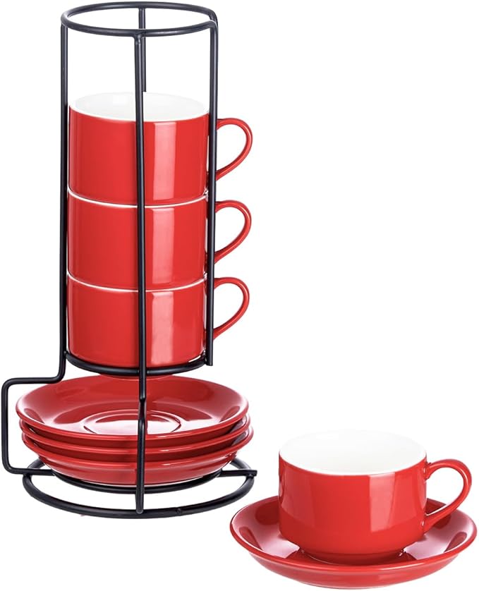 YOLIFE 2.5oz Porcelain Stackable Espresso Cups with Saucers and Metal Stand Set of 4, Stackable Cappuccino Cups, Red Expresso Shots Cup Set for Coffee Drinks, Latte, Tea
