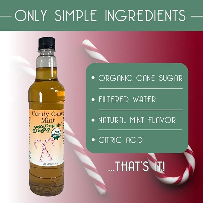 Joe’s Syrup Organic Flavored Syrup, Organic Candy Cane Mint, 750 ml (3 Pack)
