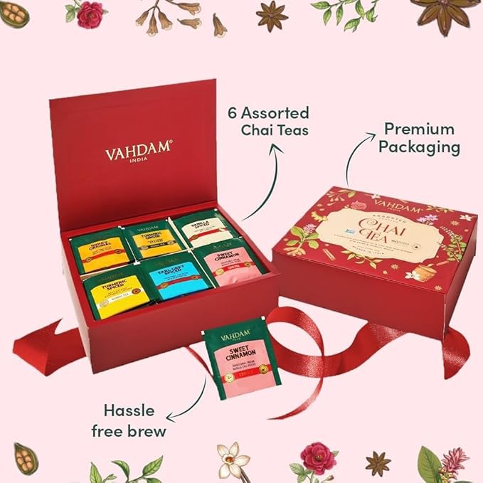 VAHDAM, Assorted Chai Tea Variety Pack (6 Delicious Flavors, 36 Eco Friendly Pyramid Tea Bags) Caffeinated, Gluten Free, Non GMO | Indian Masala Chai Tea Blends | Tea Gift Sets for Men and Women